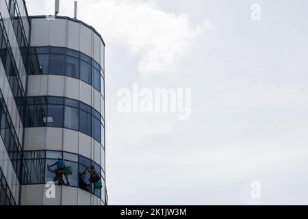 Arbeiten in der Höhe. Industrieller Bergsport. Fensterwäsche durch Arbeiter an Seilen Stockfoto