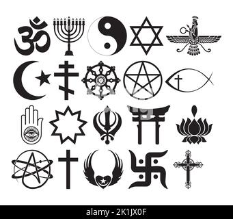 Vektor-Illustration der Welt religiösen und Glauben Symbole Clipart. Silhouette Zeichen Satz des Glaubens. Vektorgrafik Stock Vektor