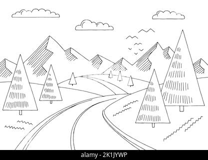 Bergstraße einfache Grafik schwarz weiß Landschaft Skizze Illustration Vektor Stock Vektor
