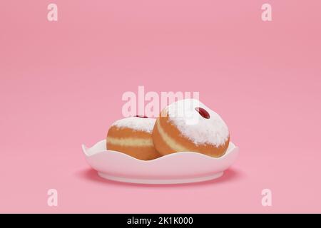 3D Rendering Bild des jüdischen Feiertages Chanukka mit Donut auf rosa Hintergrund. Stockfoto