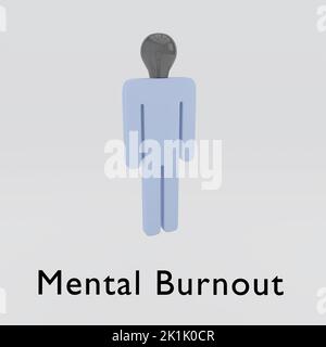 3D Illustration der Silhouette eines Mannes, dessen Kopf symbolisch durch eine ausgebrannte Glühbirne ersetzt wird, zusammen mit dem Titel Mental Burnout. Stockfoto