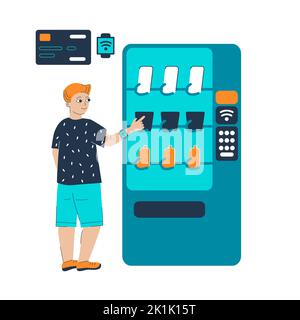 Generation Z Junge mit Automaten mit Getränken und Snacks. Selbsthilfeservice im Selbstbedienungsladen. Kontaktloses Bezahlkonzept der Smartwatch. Vektor-Illustration für Kartenlose Zahlungen von Kindern. Stock Vektor