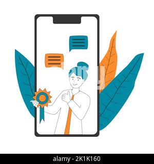 Nette Frau mit Qualitätszeichen, zeigt Klassengesten, hinterlässt Kommentare in sozialen Medien und chattet mit Unterstützung per Smartphone. Glücklicher Kunde online Handy kommunizieren, Feedback Vektor Illustration. Stock Vektor