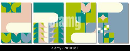 Abstraktes Bauhaus-Poster-Set. Musterhintergrund mit Leerraum für Text. Social Media Banner Flyer Einladung Showbill Vorlagen. Weizenkorn Blumen Schmetterling geometrische Motive. Vektorgrafik. Stock Vektor