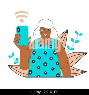 Moderne Großeltern mit Smartphone-Konzept. Ältere Frau mit kartenlosem Mobiltelefon bezahlen. Oma hält das Telefon in der Hand. Ältere Generation neuer Technologie online. Happy Oldies Vektorgrafik Stock Vektor