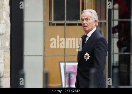 Der ehemalige Labour-Führer Tony Blair kommt bei der Staatsfuneral von Königin Elizabeth II, die in Westminster Abbey, London, stattfand.Bilddatum: Montag, 19. September 2022. Stockfoto