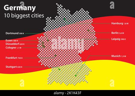 Stilisierte gepunktete Vektor-Deutschland-Karte. Infografik mit 10 größten Städten und deutscher Flagge als Hintergrund. Vektorgrafik Stock Vektor