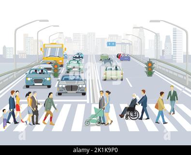 Straßenverkehr und Radfahrer mit Fußgängern auf dem Fußgängerübergang, Abbildung Stock Vektor