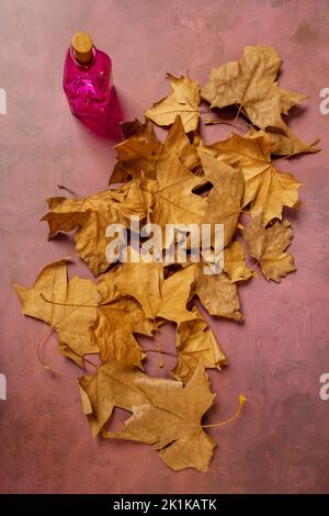 Herbstszene mit trocken gefallenen Blättern, einer rosa Glasflasche auf einem verblassten rötlichen Hintergrund Stockfoto