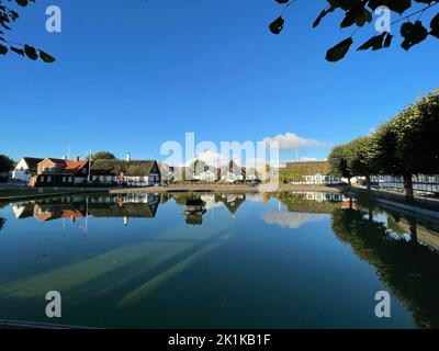 Entenhaus im Dorfteich, umgeben von traditionellen Fachwerkhäusern, Nordby, Samsoe, Jütland, Dänemark Stockfoto