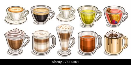 Vector Kaffee und Tee-Set, Lot-Sammlung von verschiedenen ausgeschnittenen Illustrationen von Porzellan-Kaffeetasse, klare Tasse mit heißen dunklen Getränk, gepeitscht cbeinige Stock Vektor