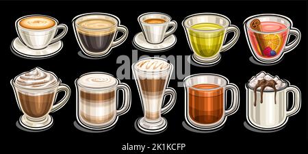 Vector Kaffee und Tee-Set, große Gruppe von Vielfalt ausgeschnitten Illustrationen Porzellan Kaffeetasse, klare Tasse mit heißen dunklen Getränk, Cartoon-Design gepeitscht Stock Vektor