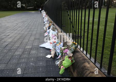 Sydney, Australien. 19.. September 2022. Letzter Tag, an dem Menschen nach dem Tod der Königin Blumen und Kondolenzbotschaften vor dem Regierungsgebäude hinterlassen konnten. Kredit: Richard Milnes/Alamy Live Nachrichten Stockfoto