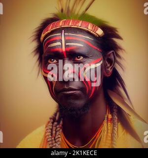 Digital generiertes konzeptuelles Avatar-Porträt eines kenianischen Stammes der Maasai mit Gesichtsfarbe und traditioneller Kleidung Stockfoto