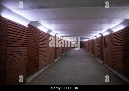 Foto der Straße im Tunnel. Hölzerne Tunnelwände Stockfoto