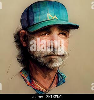 Digital generiertes konzeptuelles Avatar-Porträt eines älteren kaukasischen Amerikaners mit Gesichtshaar und einer Baseballmütze Stockfoto