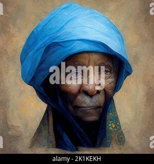Digital generiertes konzeptuelles Avatar-Porträt einer älteren afrikanischen Dame mit Kopftuch Stockfoto