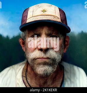 Digital generiertes konzeptuelles Avatar-Porträt eines älteren kaukasischen Amerikaners mit Gesichtshaar und einer Baseballmütze Stockfoto