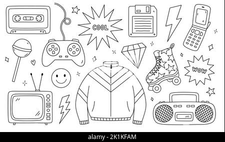 Doodle-Set von Artikeln aus den neunziger Jahren - Retro-Kassettenband, Sportjacke, Tonbandgerät, Rollschuh, TV, Joystick, Diskette Stock Vektor