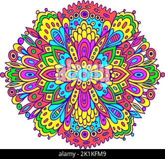 Florales Mandala mit Blumen und Blättern. Doodle Fantasie bunte Illustration. Fantastisches ornaiertes Tripy-Muster. Psychedelischer Kunst. Vektorgrafik Stock Vektor