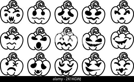 Ein Satz handgezeichneter Halloween Kürbis-Symbole. Lustige Kürbisse auf weißem Hintergrund isoliert. Gesichter von Monstern. Jacks Kopf. Designelemente für Logo, Stock Vektor