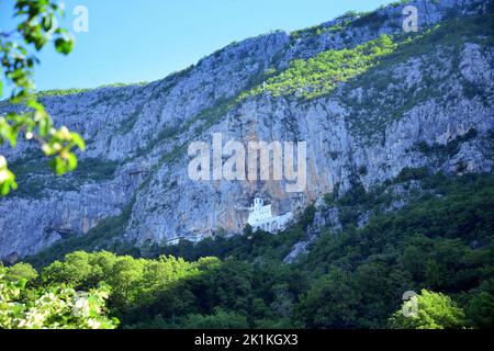 Das Kloster Ostrog ist ein Kloster der Serbisch-Orthodoxen Kirche, das an einer senkrechten Felswand auf der Ostroška Greda cliffà steht Stockfoto