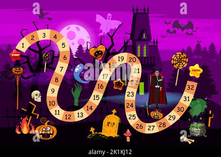 Halloween Spielbrett mit Figuren und Süßigkeiten. Kinder Schritt Brettspiel Stock Vektor