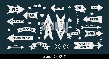 Pfeilsymbole. Kollektion Vintage Zeichen, Symbole und grafische Elemente, weiß auf schwarz. Flaches Pfeil-Set in dekorativer Optik. Handgezeichnete Grafiken, Zeichnungszeichen. Einfache Pfeile. Vektorgrafik Stock Vektor