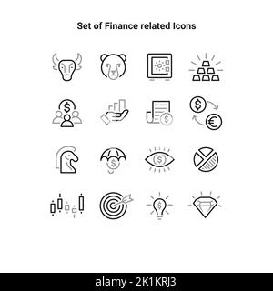 Einfaches Symbol für die finanzbezogene Vektorlinie. Enthält Symbole wie Stiere, Bären, Gold. Symbole mit dünner Kontur. Stock Vektor
