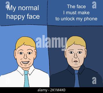 Entsperren des Telefons durch Gesichtsausdruck. Lustiges Meme für Social Media Sharing. Stock Vektor