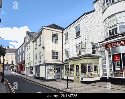 Foto-Illustration einer unabhängigen Buchhandlung, eines Wholefood-Geschäfts neben Oxfam und Immobilienmaklern in der Stadt Tavistock in West-Devon Stockfoto