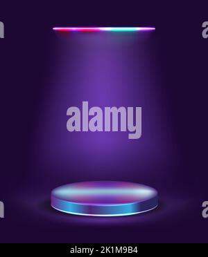 Realistisches podium mit 3D Zylindern im dunkelblauen abstrakten Sci-Fi-Raum mit horizontaler Neonlampe. Stock Vektor