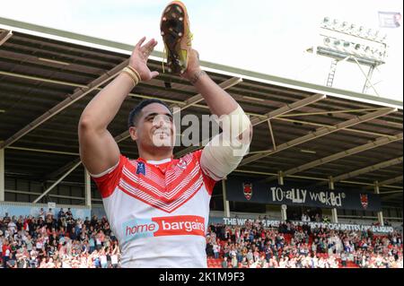 St. Helens, England -17.. September 2022 - Sione Mata'utia von St. Helens feiert das Erreichen des Großen Finales. Rugby League Betfred Super League Halbfinale, St. Helens vs Salford Red Devils im Totally Wicked Stadium, St. Helens, Großbritannien Stockfoto
