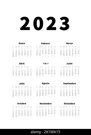 2023 Jahre einfacher vertikaler Kalender in spanischer Sprache, typografischer Kalender auf Weiß Stock Vektor