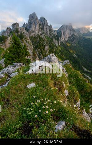 Schroffe Gipfel von Gastlosen in den alpinen Ausläufern von Freiburg Stockfoto