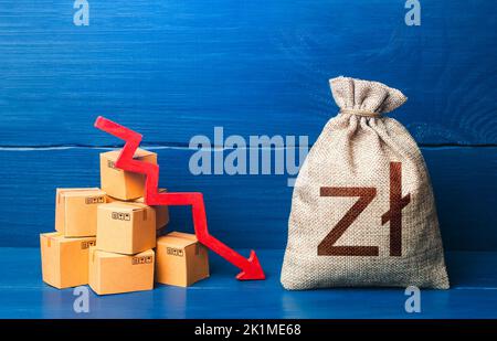 Polnischer Zloty Geldbeutel mit Kisten und Pfeil nach unten. Schlechte Verbraucherstimmung und Nachfrage nach Waren. Einkommensrückgang, Verlangsamung und Rückgang der Wirtschaft. Produ Stockfoto