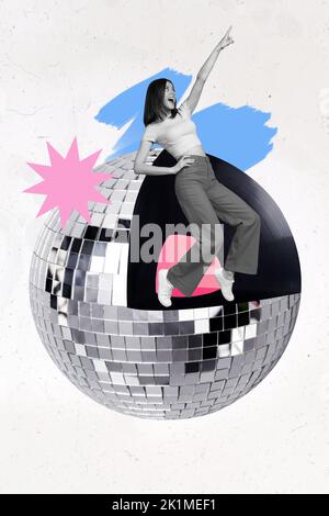 Vertikale Fotocollage von schönen schönen ziemlich wunderschöne Frau stehen auf Disco Ball tanzen Spaß isoliert auf weißem Hintergrund Stockfoto