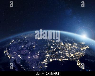 Amerika in der Nacht aus dem Weltraum betrachtet, mit Stadtlichtern, die Aktivitäten in den Vereinigten Staaten zeigen. 3D Rendern des Planeten Erde. Elemente der NASA. Technologie, Glob Stockfoto