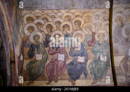 Fresken von Andrej Rublev aus dem 12.. Jahrhundert in der Dmitriewski Kathedrale in Wladimir, Russland Stockfoto