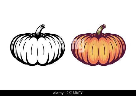 Vektor Herbst Schwarz und Weiß und farbigen Kürbis Symbol Set mit Umriss. Design-Vorlage, Clipart für Halloween Einladungen, Karten, Drucke, Web Stock Vektor