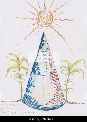 Eine Zeichnung mit farbiger Tinte. Es ist ein Gebäude wie eine Pyramide in Form eines Kegels. Die Sonne steht auf dem Dach des Gebäudes. Zwei Palmen stehen bedrängt Stockfoto
