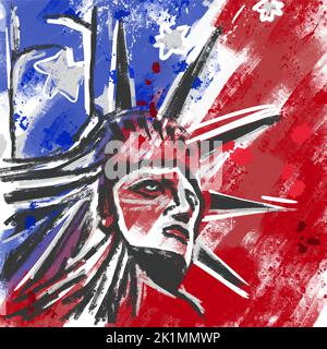 Freiheitsstatue Acryl Zeichnung Amerika Grunge geruffelt Patriot Farben Striche handgefertigt Stock Vektor