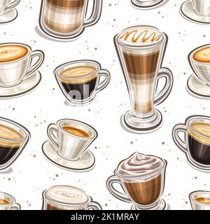 Vektor Kaffee nahtlose Muster, quadratische Wiederholung Hintergrund mit Satz von ausgeschnittenen Illustrationen verschiedene Kaffeegetränke in klar und Porzellan Tassen auf w Stock Vektor