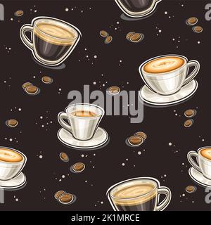 Vector Kaffee nahtlose Muster, quadratische Wiederholung Hintergrund mit ausgeschnittenen Illustrationen von verschiedenen Kaffeegetränken in transparent und Porzellan Tassen auf b Stock Vektor