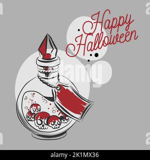Happy Halloween, handgeschriebene Zitate, Trank in einer Flasche mit Totenköpfen, Kristall, Doodle-Stil Zeichnung auf grauem Hintergrund Stock Vektor