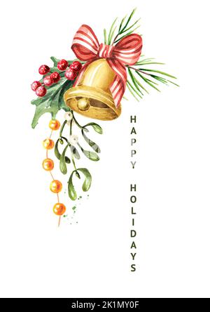 Weihnachtsglocke mit festlichem Winterdekor. Happy Holidays-Karte. Handgezeichnete Aquarelldarstellung isoliert auf weißem Hintergrund Stockfoto