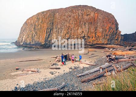 Eine Strandhütte aus Treibholzstämmen in Seal Rock, Oregon, an der zentralen Küste von Oregon. Stockfoto