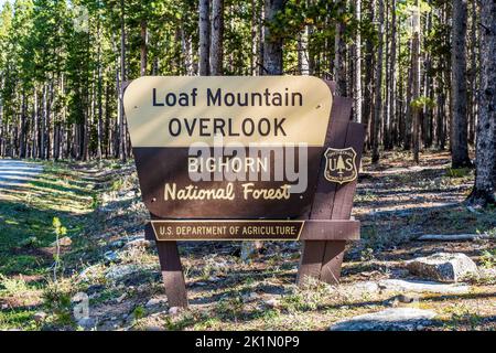 US Forest Service Schild für den Loaf Mountain Overlook im Bighorn National Forest, Wyoming. US-Landwirtschaftsministerium. Stockfoto