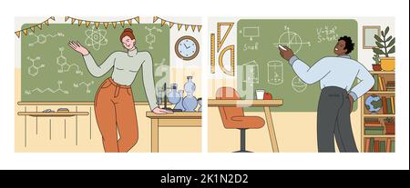 Flache Schule Frau und Mann Lehrer stehen an Tafeln im Klassenzimmer. Lehrbeauftragte für Chemie, Mathematik oder Ausbildungskurse im Unterricht. Junge Professoren an Tafel und Tisch. Stock Vektor