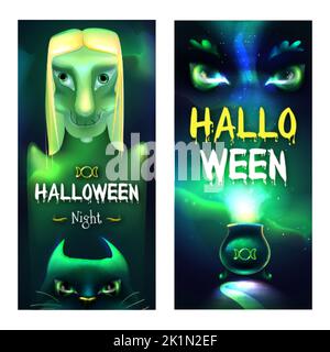 Poster zu Halloween-Nacht. Grusel Party Einladung Flyer Vorlage mit grüner Horror Hexe, Zauberkatze und Kochtrank in Kessel. Leuchtende dunkle Augen des Geistes in magischen Rauch Vektor Cartoon-Illustration Stock Vektor